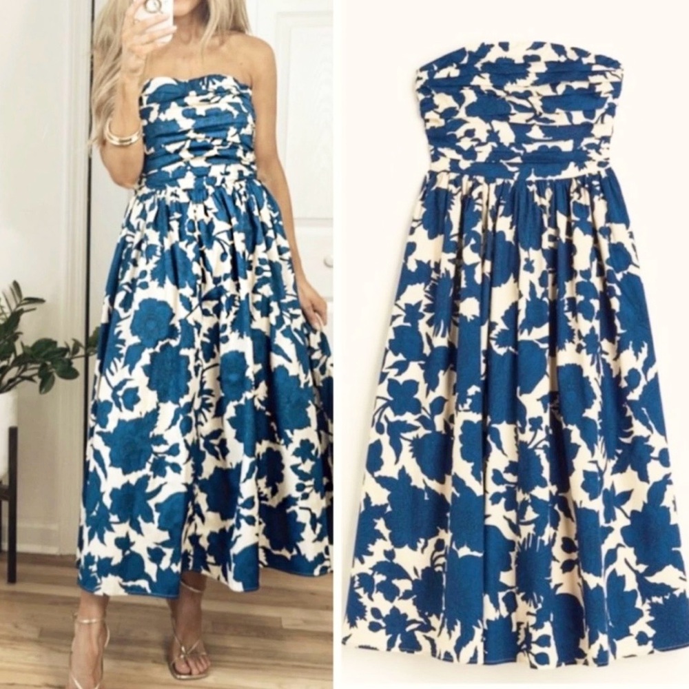H&M Strapless Dress in Blue and Cream Floral - Picture 2 of 4